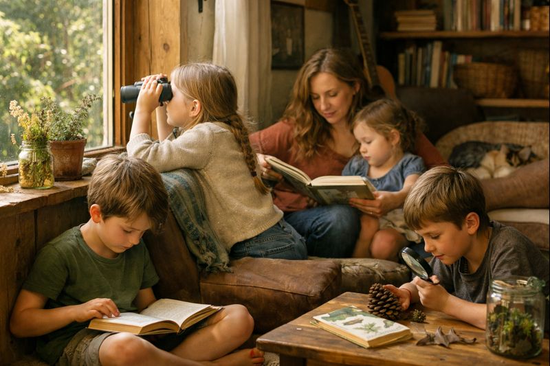 Homeschooling beyond the classroom as children learn through reading, nature observation, and everyday life at home